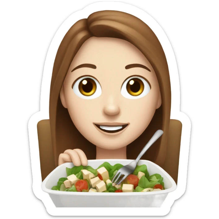 White girl Brown hair blue eyes freackles eating Tofu salad with fork sticker