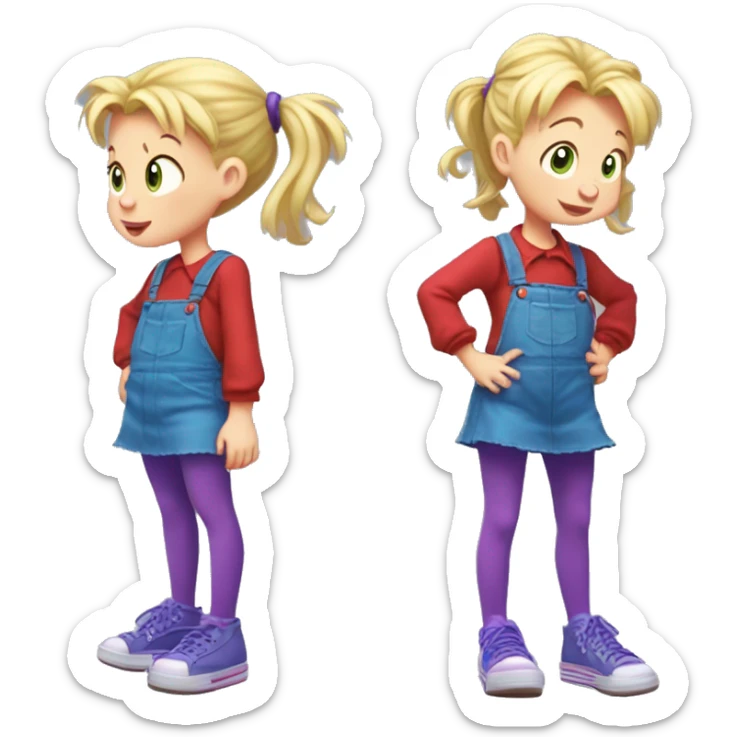 A little blonde girl with pigtails and little purple bows wearing a red long-sleeved shirt and purple overalls skirt with blue tights with green polka dots and purple sneakers, full body, rugrats sticker