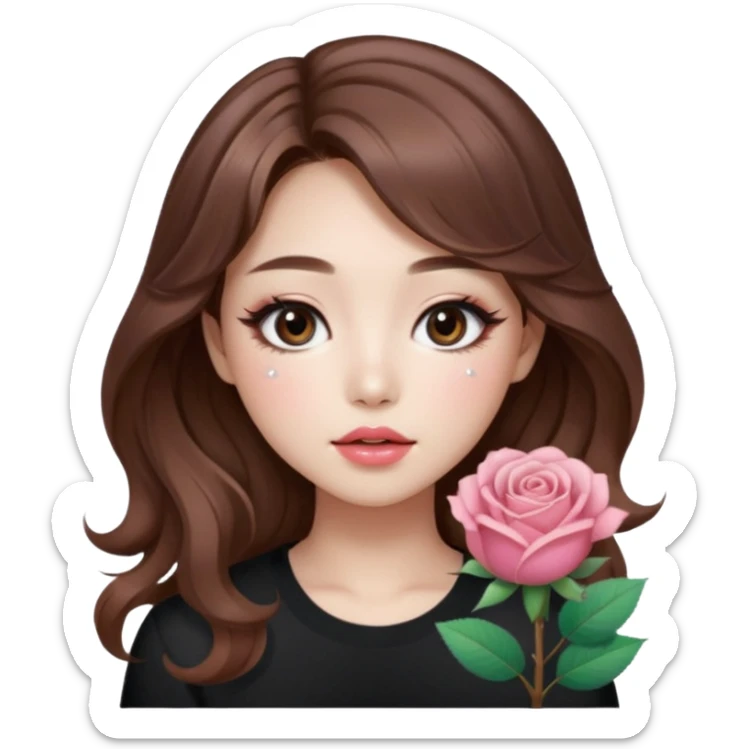 “korean brown hair Emoji girl, soft eyeliner, gradient rose lips, light brown shimmer eyeshadow, sparkly aegyo-sal, long wavy hair,  sticker
