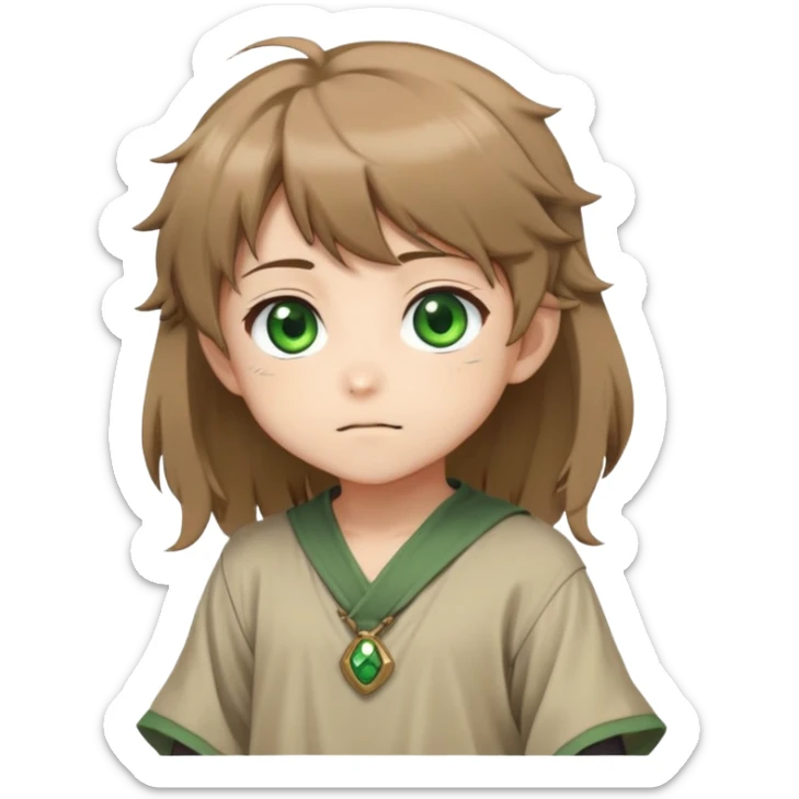 Young Rudeus Greyrat chibi, big green eyes, round face, messy light brown hair, wearing a tunic, cute and curious anime style sticker