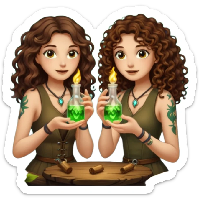 two forest alchemist women one long wavy brown hair tattoos one short tight curly brown hair clinking glowing vials sticker