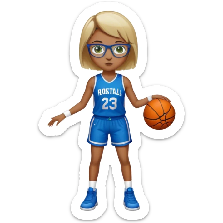 Full Body Girl with basketball real short brown hair with blond highlights wearing blue glasses with green eyes sticker