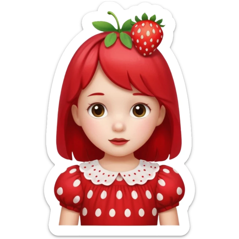 Little girl in red dress with white polka dots and strawberry on the right side of her head sticker