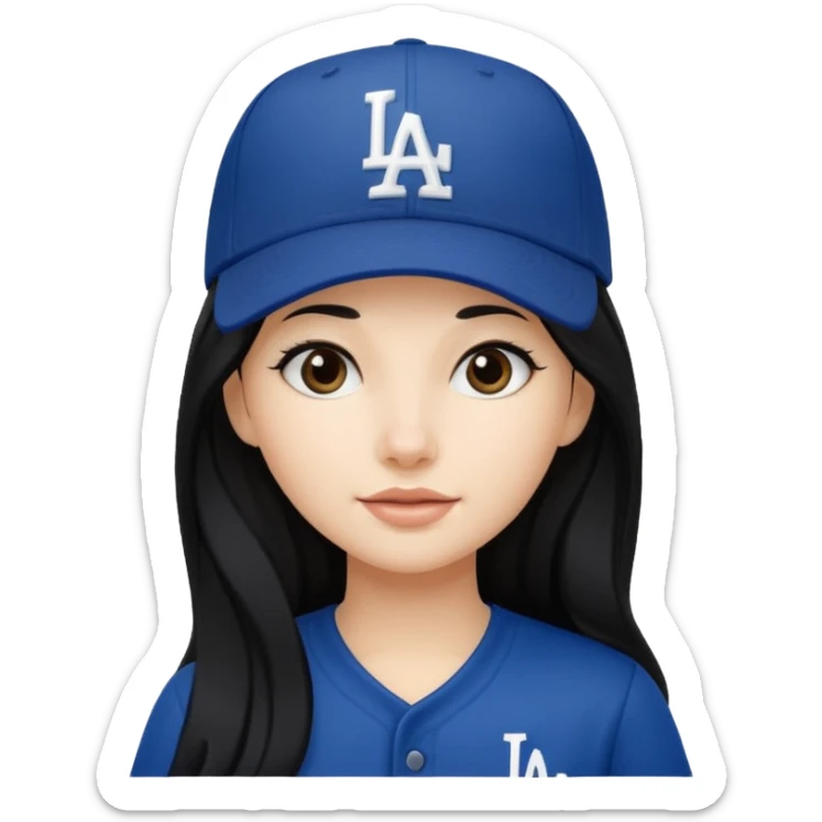 Can you make an emoji of a girl with fair skin with black long hair wearing an LA dodger hat. Only include her head not body  sticker