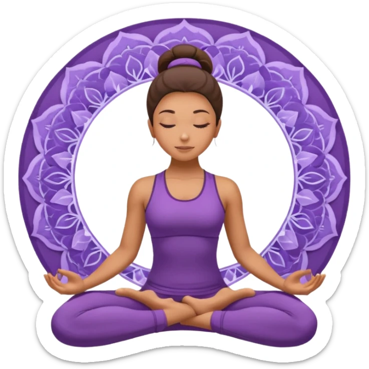 A woman in a purple yoga outfit resting in child’s pose, peaceful feeling, gentle mandala texture in background. sticker