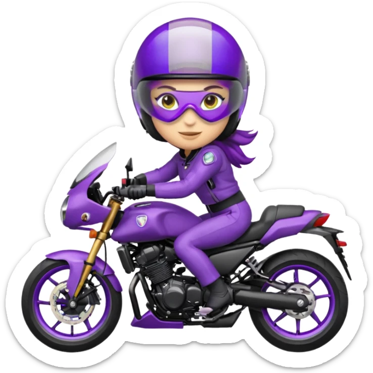 Créer un emoji avec une moto mt07 sport noir mate / violet iridescent très foncé, pare-brise de la moto violet. Avec une femme pilote dessus, visage masqué par la visière violette . Avec en arrière plan cercle violet. sticker