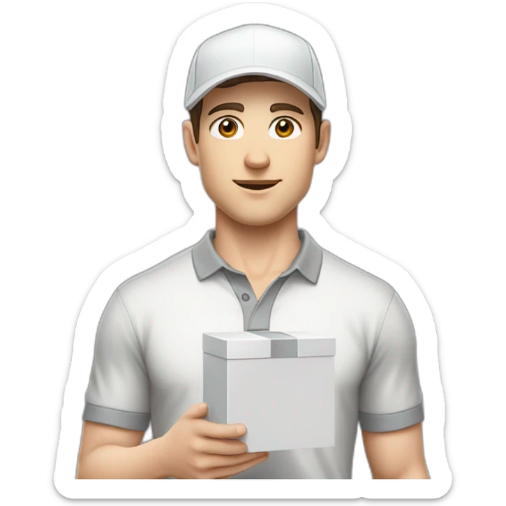 Pale skinned fit Man with dark brown hair in a white cap, gray jeans and gray polo T-shirt keeping a pasted with tape white box into his hands sticker