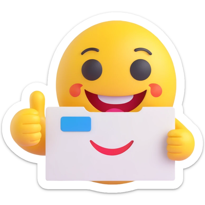 3D smiley emoji, round shape, grandmother holding a postcard, pink color, smiling face sticker