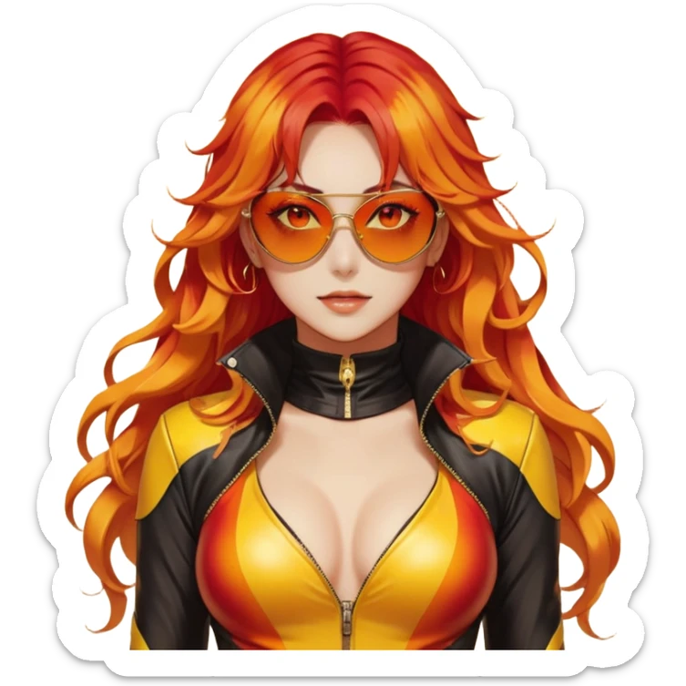Beautiful gorgeous anime lady with beautiful fiery long warm-red-orange-yellow-gradient-wavy-special-hair, fashion aesthetic, slim red-tinted-sunglasses, accessories, gold jewelries, red-and-yellow sunny-pattern-eyes, black latex-suit, biker-woman, cool, badass, gold-sun-shaped-earrings sticker