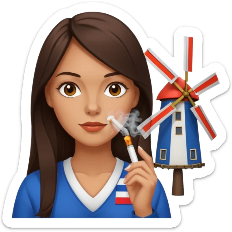 Windmill with on the top of the building a dutch flag and a white girl with long dark brown hair smoking a joint without filter. sticker