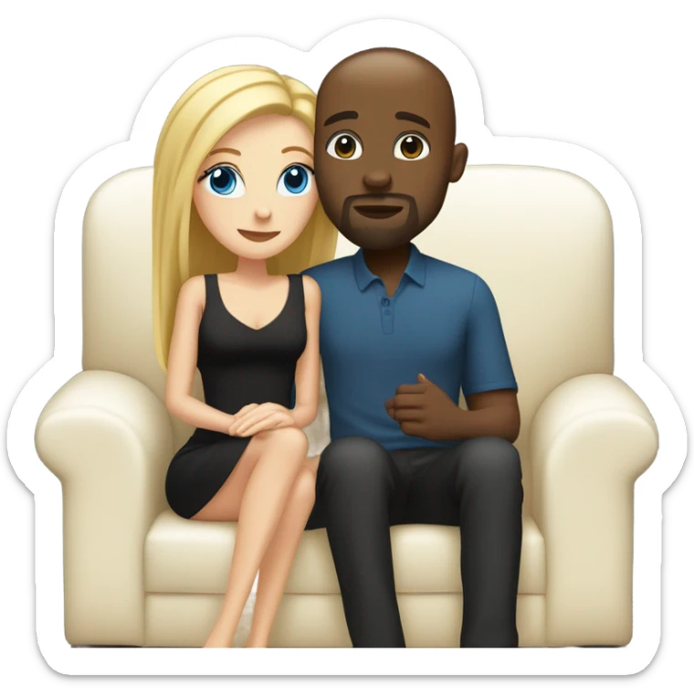 Blonde woman with blue eyes and long straight hair wearing a short black dress and a black man who is bald with a goatee seated together on a sofa enjoying a loving kiss.   sticker