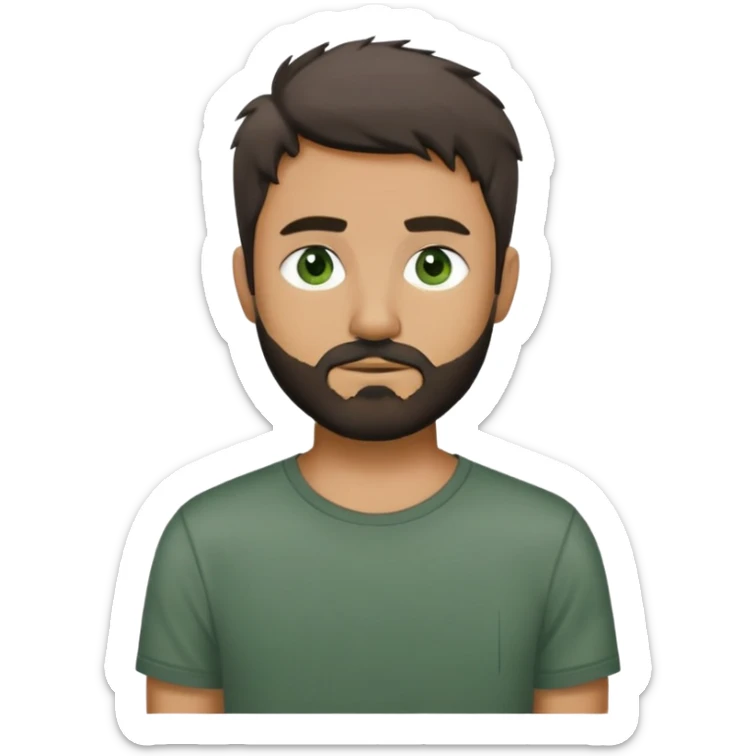 man with dark messy short hair, dark green eyes, gray T-shirt, and short beard sticker