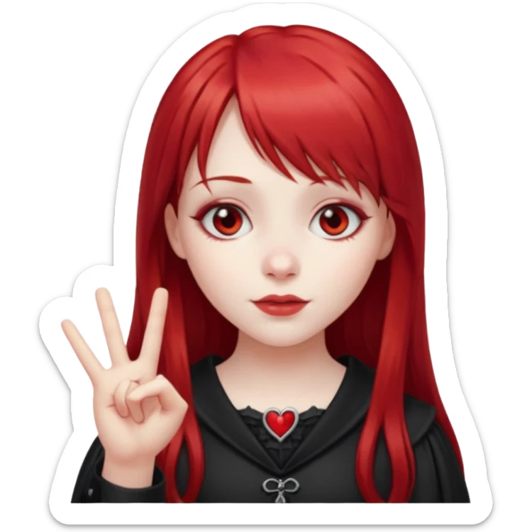 a gothic girl with long red hair and bangs holding a lucky sign sticker