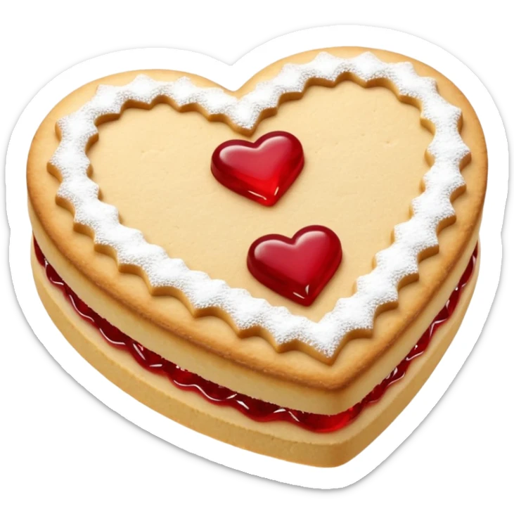 Realistic shortbread cookie in the shape of a heart with red jelly middle filling and sprinkled powder sugar on top. sticker