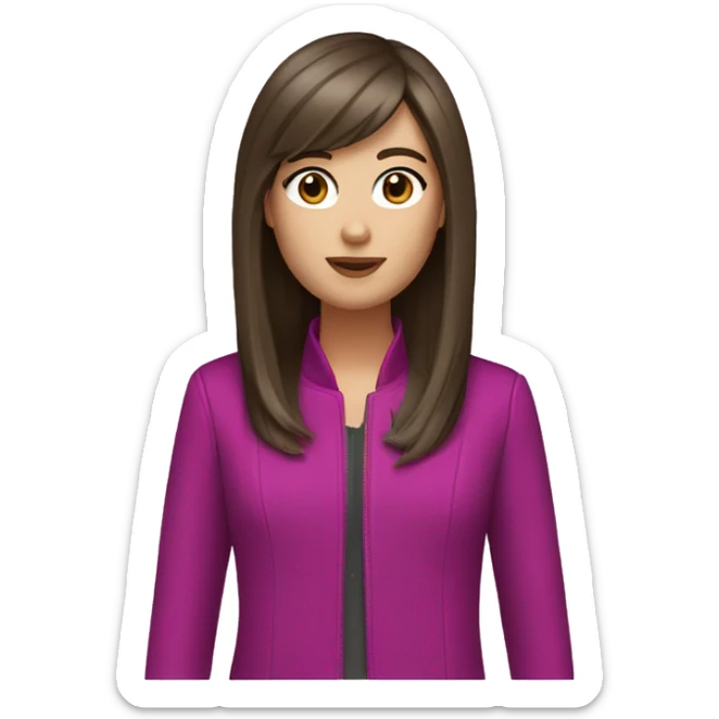 white girl with brown eyes, long straight dark brown hair, curtain bangs, and a magenta jacket sticker
