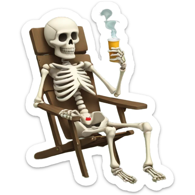 Skeleton sitting in a lawn chair with his legs crossed holding a cigarette in between his fingers sticker