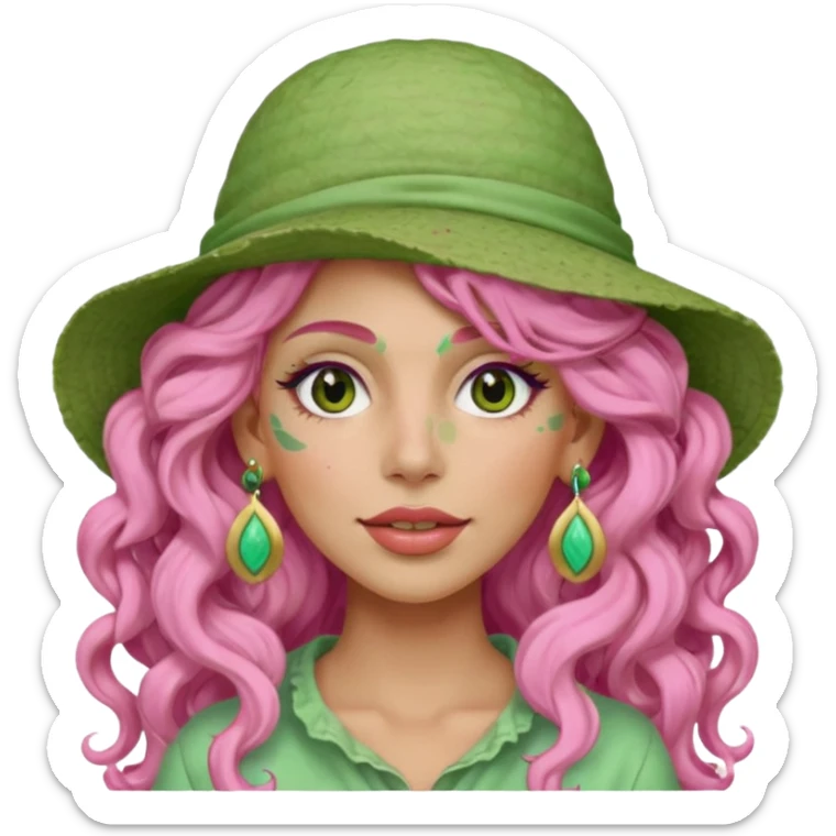 pink haired very long curly haired woman with full full face light green clay mask  and big earrings and hat with full face clay mask sticker