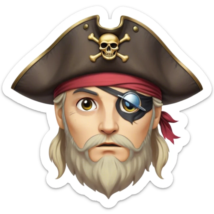 Clash of Clans aesthetic friendly Pirate Portrait Emoji, With a rugged yet stylized build featuring a weathered tricorn hat, a bold eye patch, and a determined, adventurous gaze, his face rendered in a natural skin tone (not yellow), Simplified yet sharply defined features, highly detailed, glowing with a cool, briny radiance, high shine, intelligent and daring, stylized with an air of swashbuckling nautical authority, focused and resolute, soft glowing outline, capturing the essence of a confident pirate ready to set sail on epic adventures! sticker