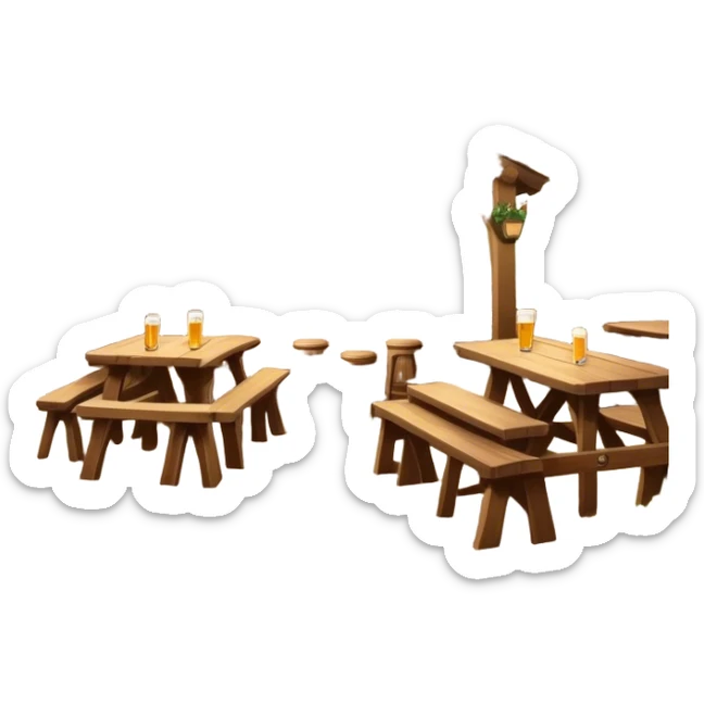 Cinematic Realistic Biergarten Pop Culture Emoji, showcasing a charming outdoor beer garden scene rendered with rustic details and inviting, soft lighting. sticker
