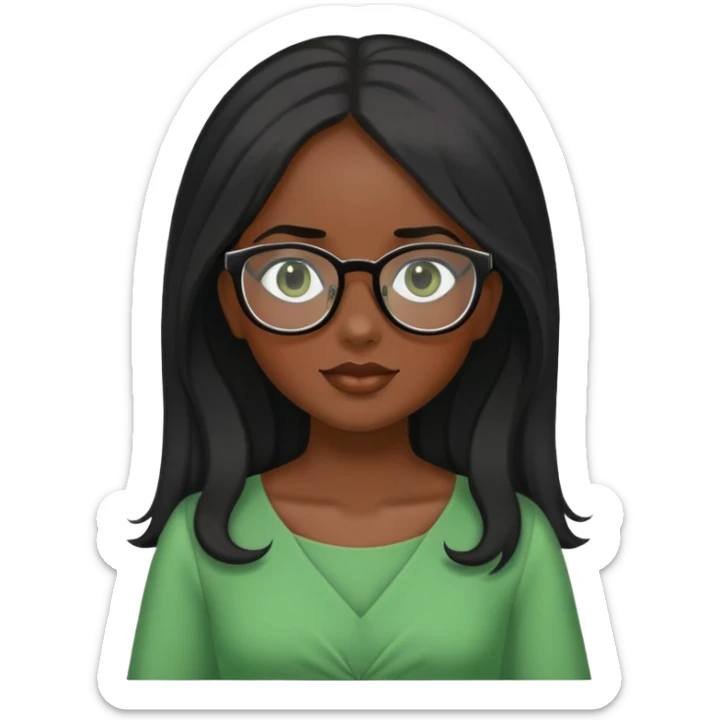 Genera a una chica morena de piel con pelo negro y largo y lentes con vestido verde. sticker