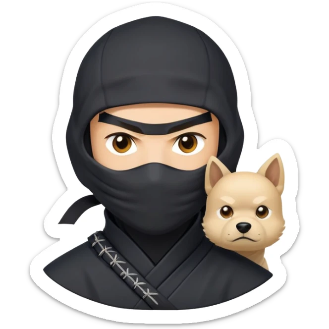 clash-of-clans-aesthetic_-cinematic-mysterious-male-ninja-portrait-emoji, rendered in a flat, vector-style with minimal shading and bold, simplified shapes,   with a head slightly turned revealing intense, focused eyes. the ninja is accompanied by a Ninken dog sticker