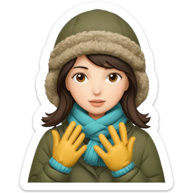 Brunette woman bundled up with parka, hat, scarf, and glvoes. The scarf covers her face  sticker