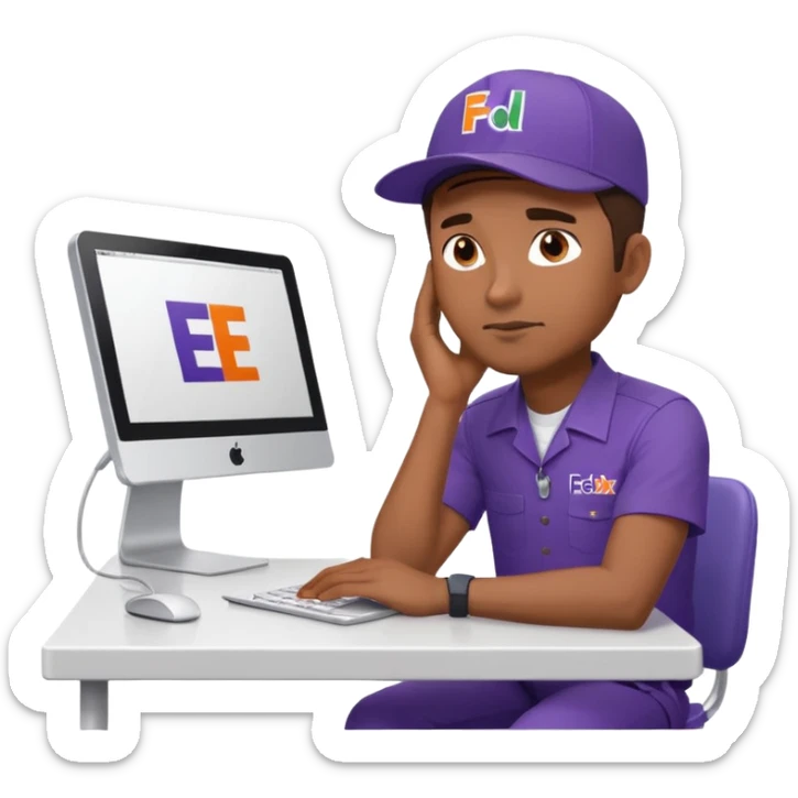 emoji of a man sitting at the table with an imac on it, a man is sitting in a very thoughtful pose, he has his hands on the table and his head resting on themб he look into the screen of imac, he is dressed in FedEx delivery uniform sticker