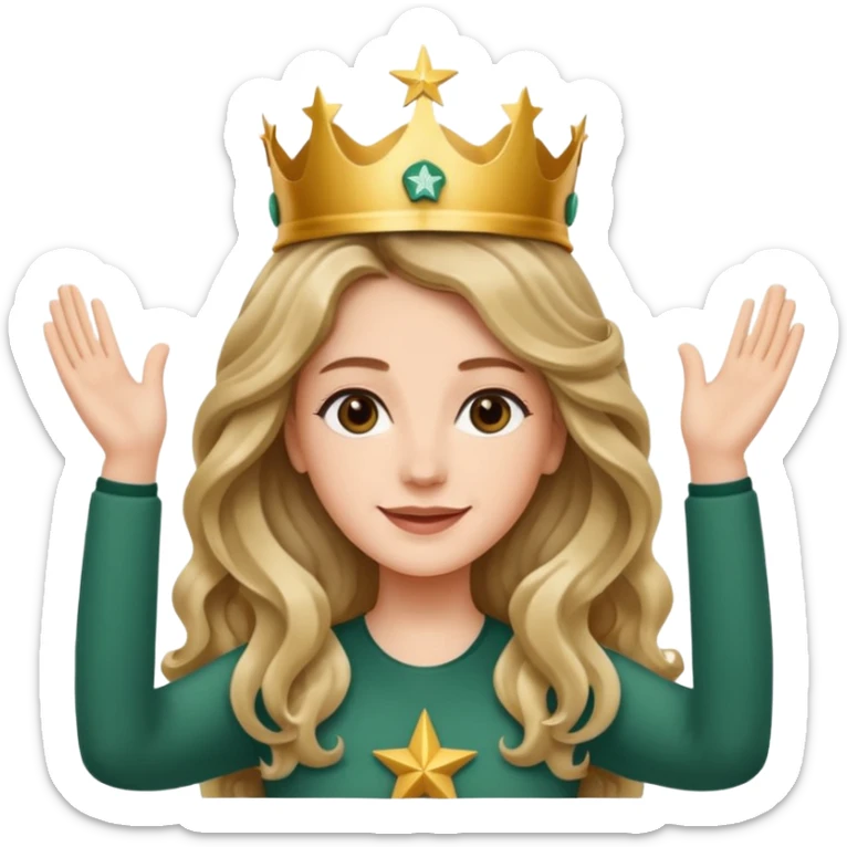 Apple style 3D emoji of a young woman inspired by the Starbucks logo. She has long wavy hair on both sides, a crown with a star on her head, arms raised upward like in the Starbucks logo, with a calm smile. Smooth, shiny, simple emoji look. sticker