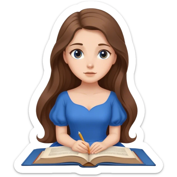Cinematic Elegant Belle Portrait Emoji, Sitting with an open book, eyes dreamy with thought, her iconic blue village dress draped gracefully, exuding intelligence, kindness, and timeless charm! sticker