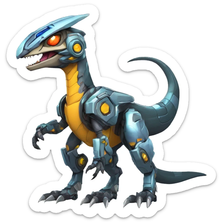 Colorful Edgy Greymon-Velociraptor-Genesect-Fakémon-Pokémon wearing a with a futuristic helmet And Mecha-suit Full Body sticker