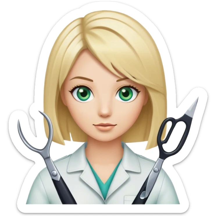 Hair stylist with blonde bob hair and blue green eyes holding scissors  sticker