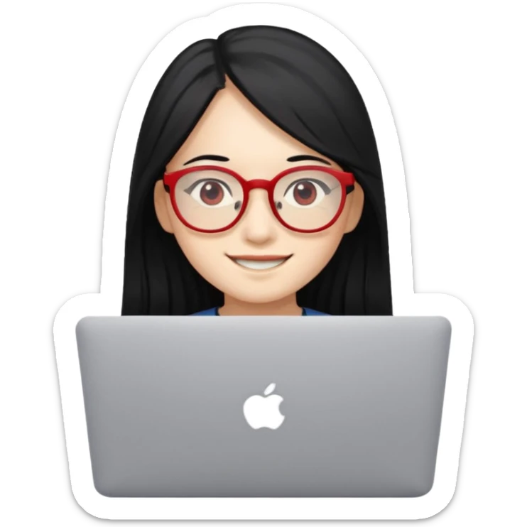 filipino long hair black fair skin with red eyeglasses freelancer with MacBook, smiling. sticker