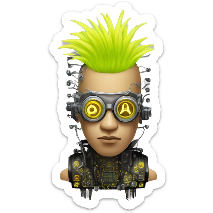 Neon yellow Mohawk hair Asian male cyborg head with silver steampunk goggles and circuits sticker