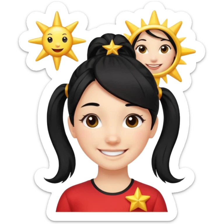 An Emoji of girl with black ponytail hair, who can be described by three words: sun, moo, star sticker