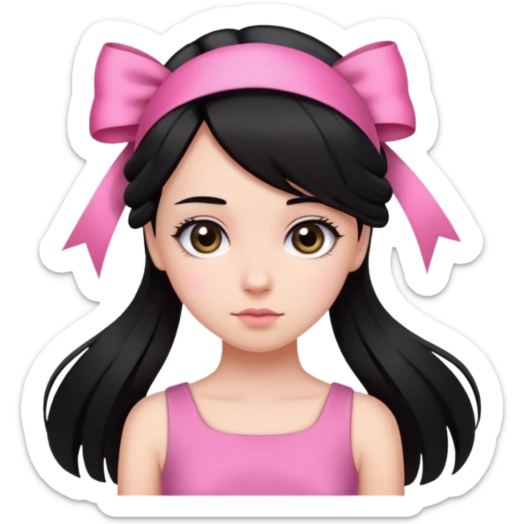 Girl with black straight hair using pink dress with a ribbon at her hair sticker