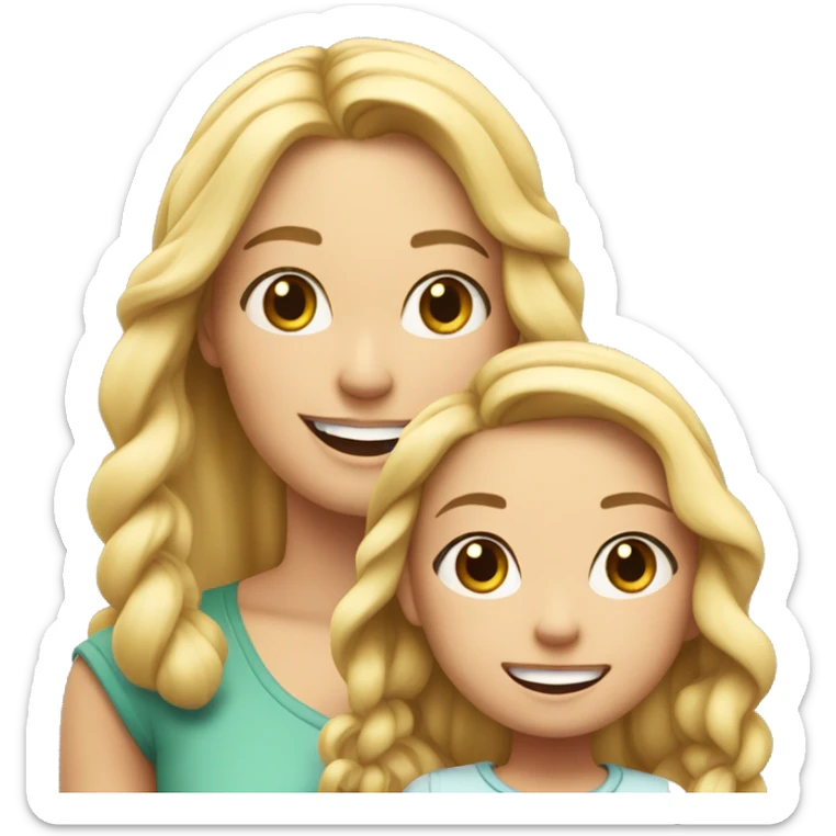 An emoji of a blonde mother with long hair, standing next to her 3-year-old daughter with black braided hair, both smiling sticker