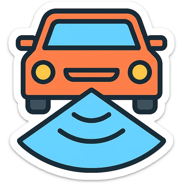 simple icon of a car with highlighted field of view, ego spatial sense for driving, color outline style sticker