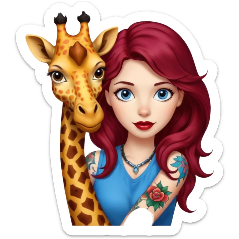  Female long wavy burgundy hair, blue eyes, red lips, tattoo of colorful giraffe on arm sticker