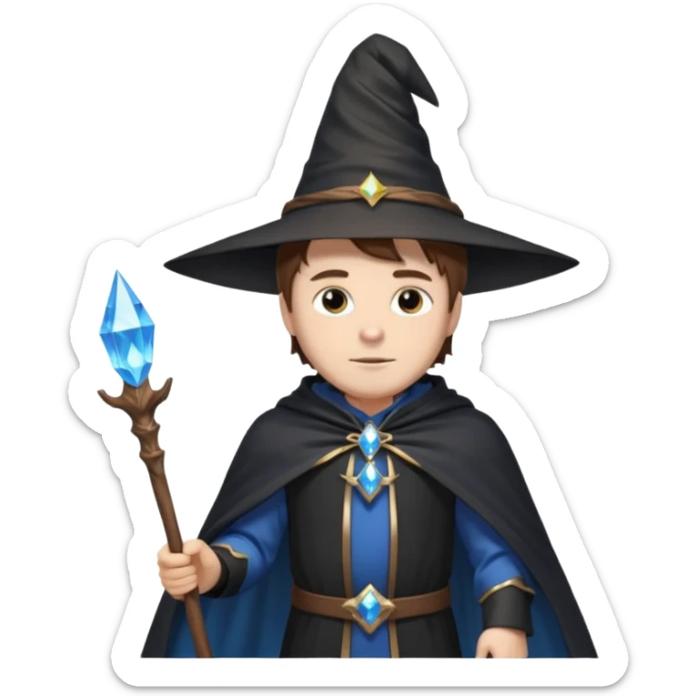 A white-skinned man with brown hair stands in sharp black clothing. He wears a pointed wizard hat and cape, holding a wooden staff crowned with a glowing blue crystal. His calm expression and steady posture suggest quiet mastery and a blend of magic, mystery, and modern elegance. sticker