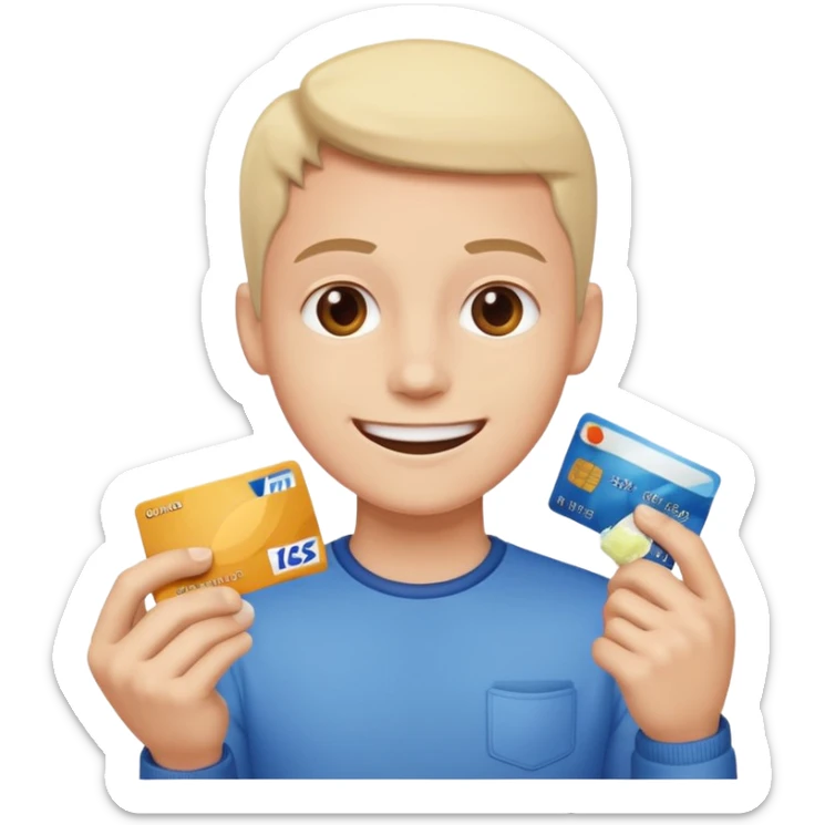 Happy person with credit card in hand and a pile of sugar sticker