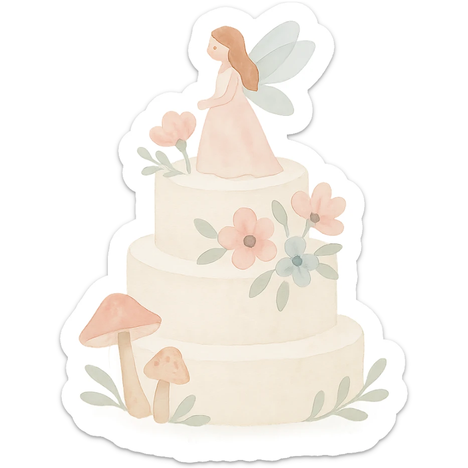 watercolor art illustration of a whimsical fairy wedding cake with flowers and mushrooms, calm pastel colors, white background, designed for sticker printing sticker