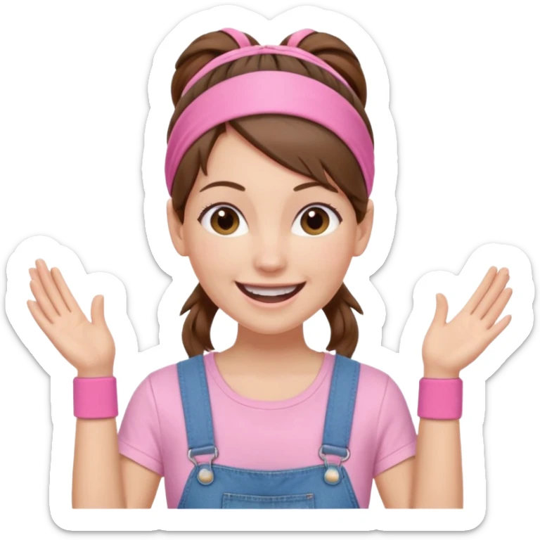 white woman with brown hair  tied together with one elastic pony tail. wearing a light pink thin width headband, Has a pink t-shirt with denim overalls. enthusiastic expression with big smile sticker