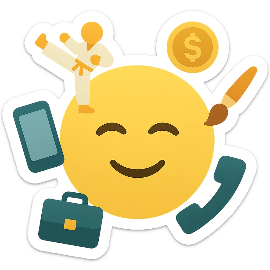 Yellow emoji with karate dogs, a briefcase, money, a phone and a paintbrush flying in its aura sticker