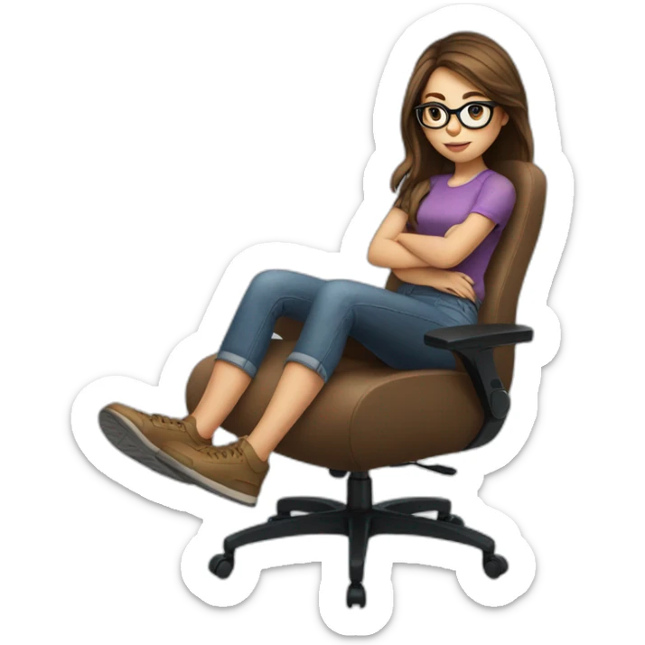 girl with brown hair sitting on a gaming chair, glasses, light skin sticker