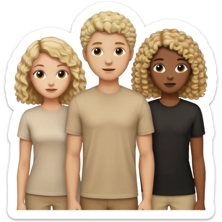 group of people  together ; men and women with brown, blonde, black hair- short hair, long hair and curly hairr wearing beige shirts aesthetic no collar, brown people, white people, black people sticker