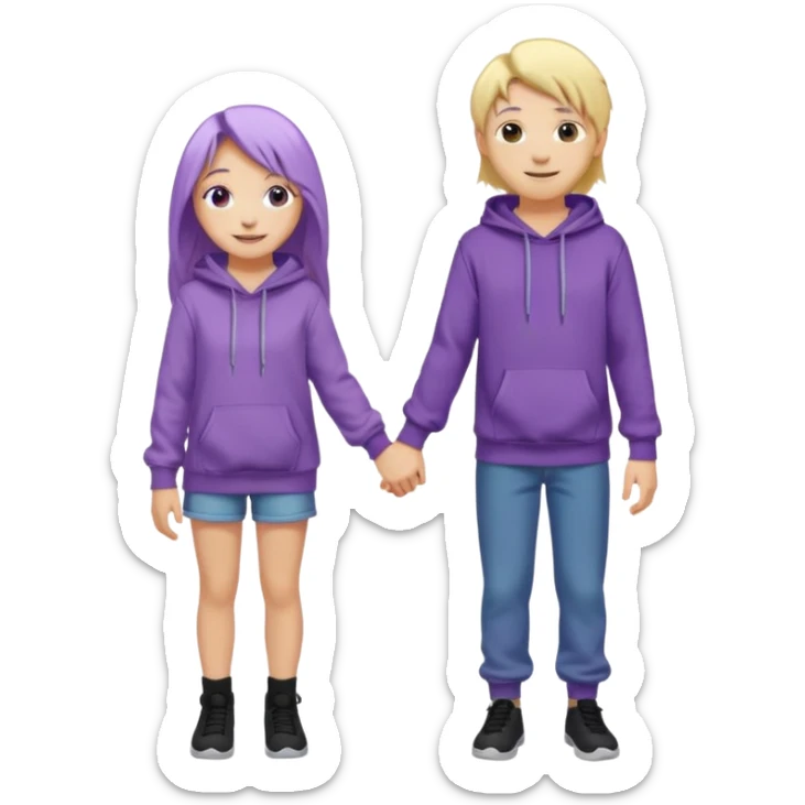 full-length happy couple, girl with long purple hair and gray eyes in lilac hoodie, boy with blonde hair in black hoodie sticker