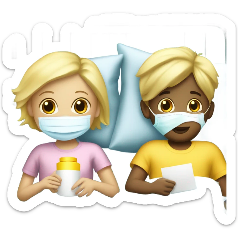 Two blonde children, sick, each in their own bed, wearing surgical masks, one Boy, one girl, at home, get well soon sign with yellow heart sticker