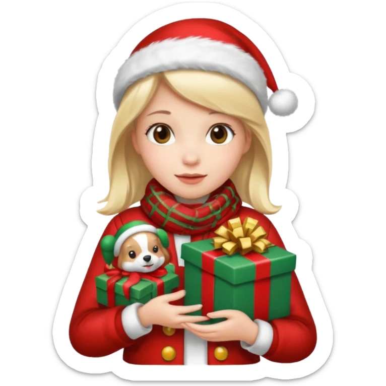 a girl wearing a chirstmas jacket and scarf and holding a christmas gift sticker