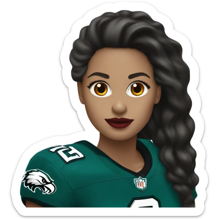  White skin female dark hair red lips wearing Philadelphia Eagles jersey sticker