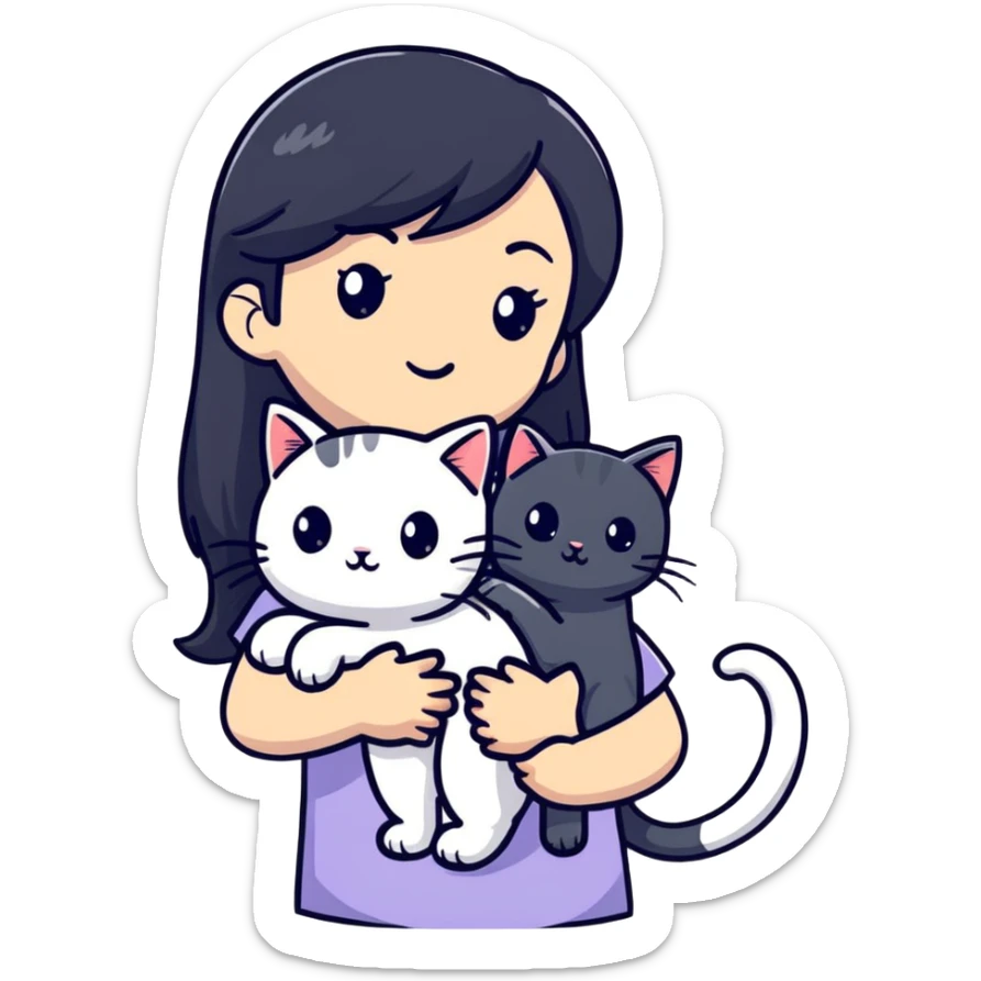 beautiful girl with long black hair holding a hairless cat sticker